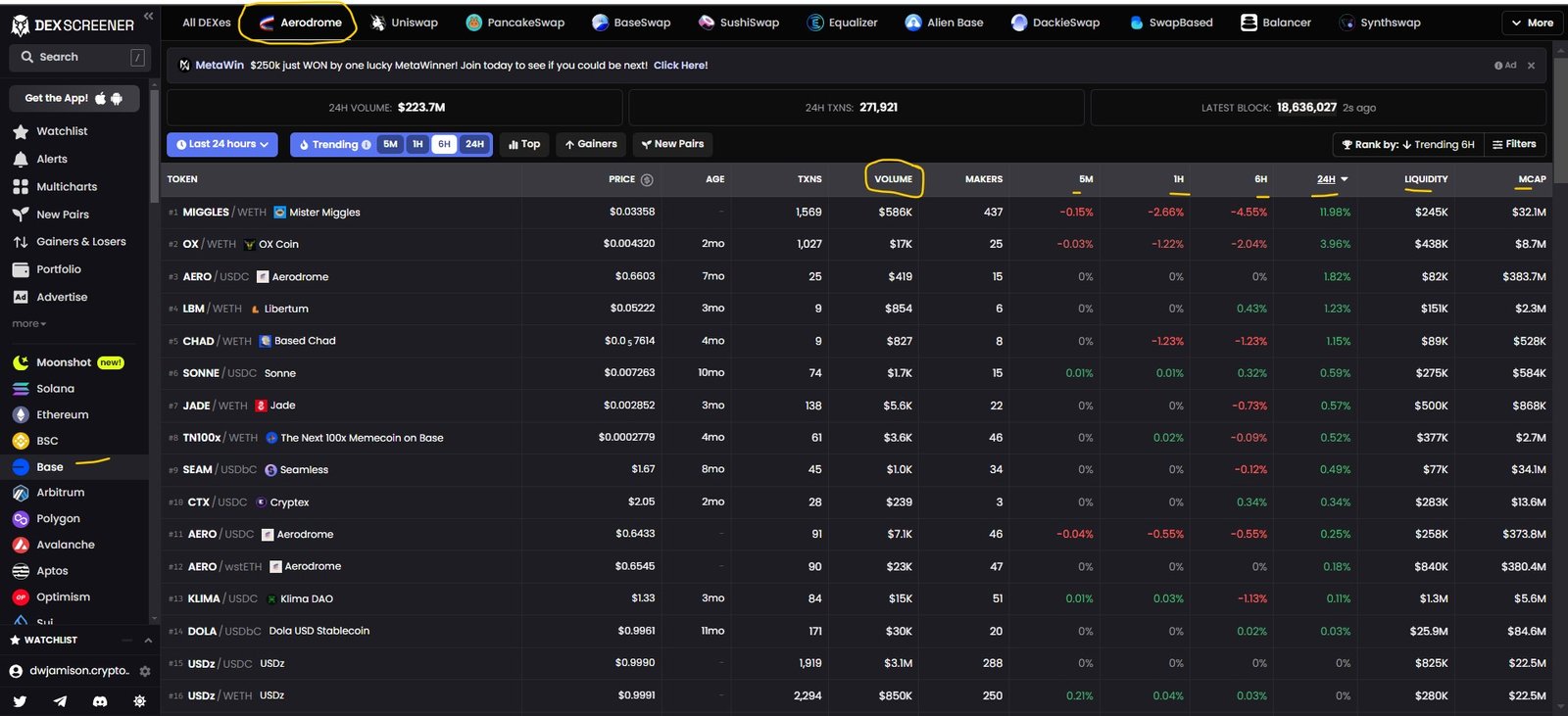 Aerodrome Finance Liquidity Pools on Dextools.io