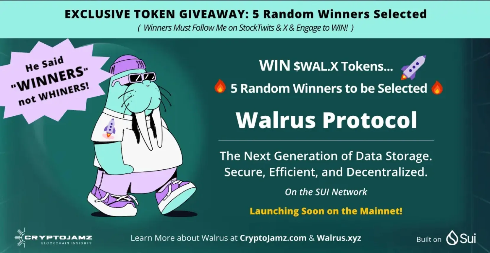 WALRUS - Token Giveaway after Mainnet Launch 3-1-2025 WALRUS PROTOCOL - Token Giveaway Post Launch - 5 Random Winners