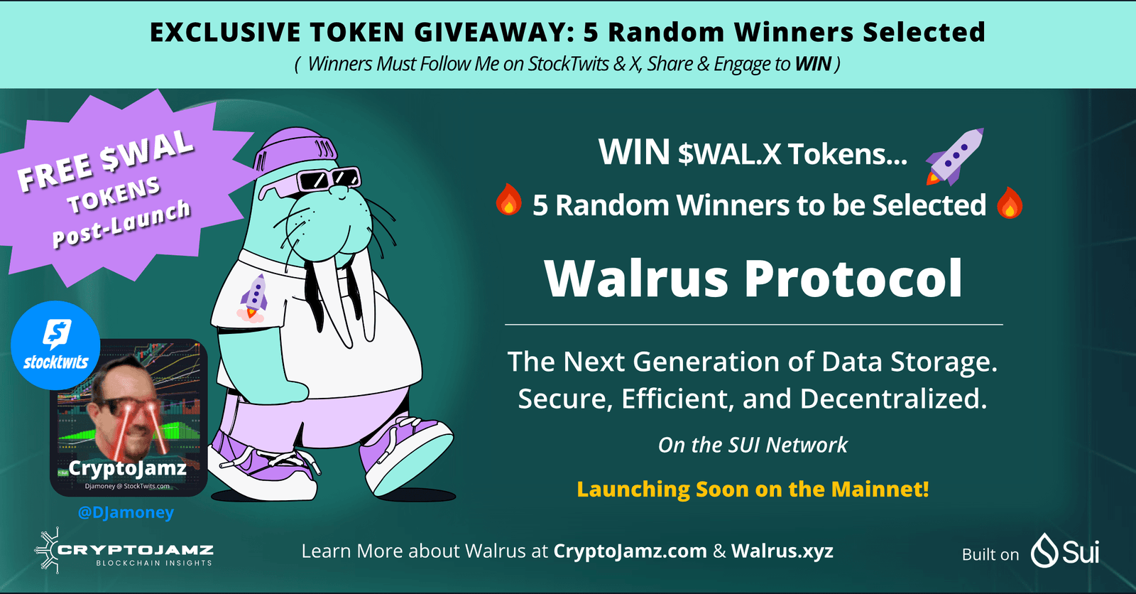 Walrus Protocol - 5 Random WAL Token Winners POST 3-6-2025 Walrus Protocol - $WAL Token Giveaway - Post TGE Launch
