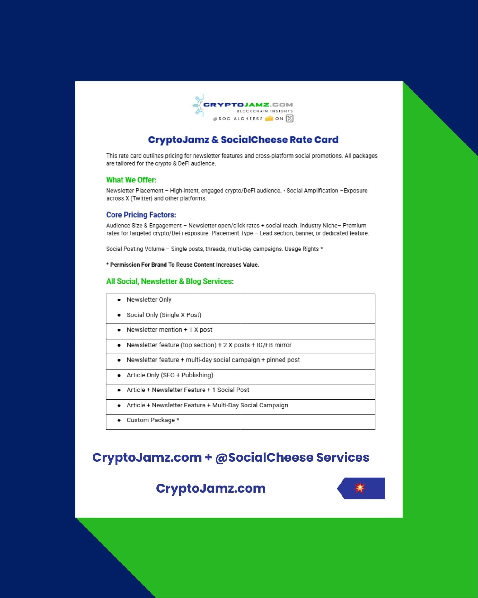 CryptoJamz.com + Socialcheese Basic Services Q3 2025 v2 Crypto Marketing Services by @SocialCheese and CryptoJamz.com