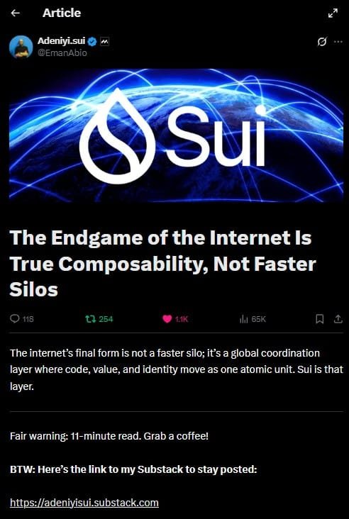 The Endgame of the Internet is Composability - Sui Network The Endgame of the Internet Is True Composability, Not Faster Silos https://x.com/EmanAbio